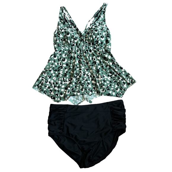 Kona Sol Tankini 2X Green Leopard Print Black High Waisted Coverage - Picture 12 of 16